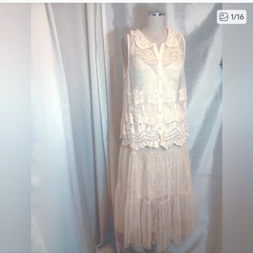 3pc: Melady Lace Midi Dress Set:Shein Tank Top+Camisole+ Layered Skirt, Cream, S